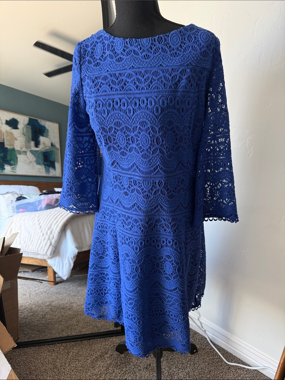 Chico's Cobalt Blue Crochet Lace Long-Sleeve Dress